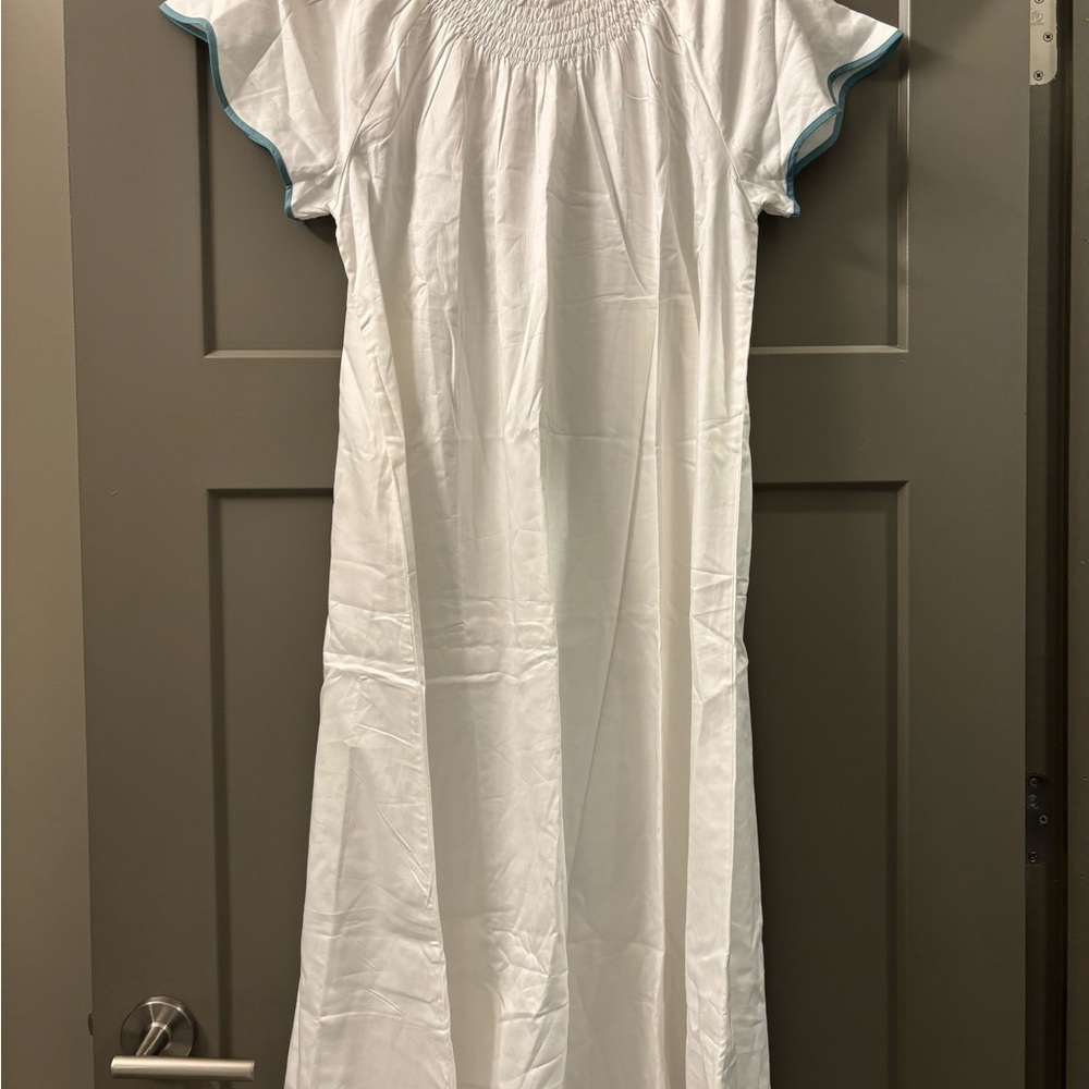 White Midi Dress with Blue Trim